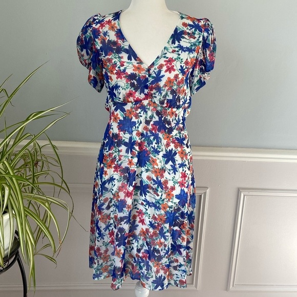 Calvin Klein Women's Puff-Sleeve Midi Dress, Atlantis Multi Size 6 Floral - Picture 2 of 14